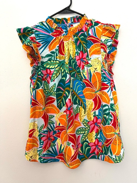 Umgee Tops - Umgee Tropical Floral Ruffle Sleeve Blouse in Bold Multi